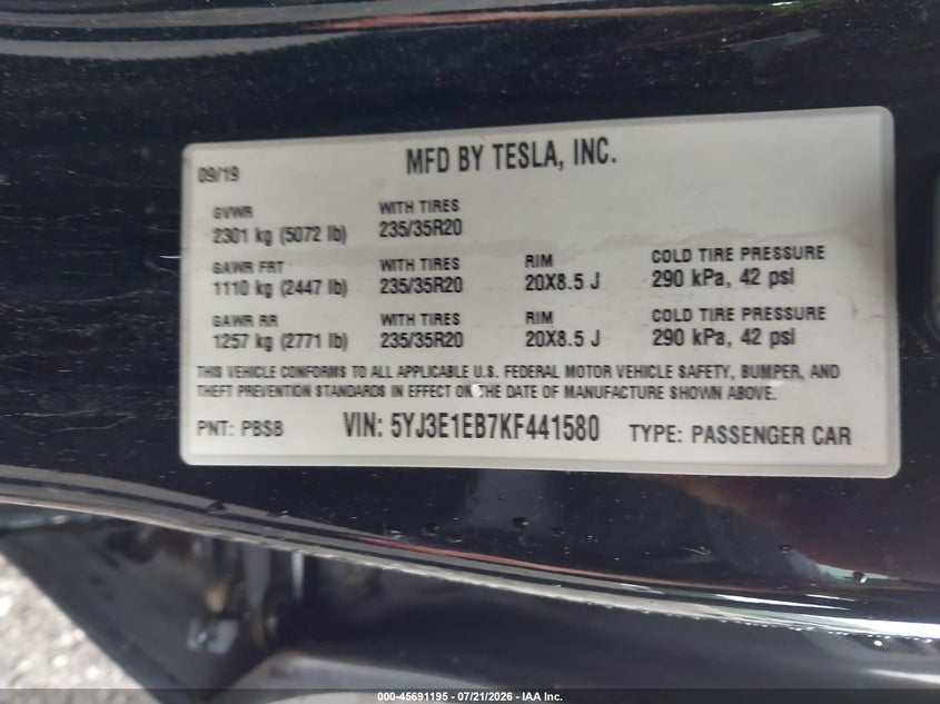 2019 Tesla Model 3 Long Range/Performance VIN: 5YJ3E1EB7KF441580 Lot: 45691195