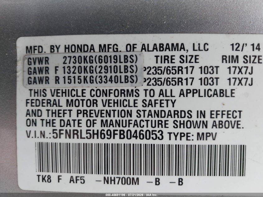 2015 Honda Odyssey Ex-L VIN: 5FNRL5H69FB046053 Lot: 45691196