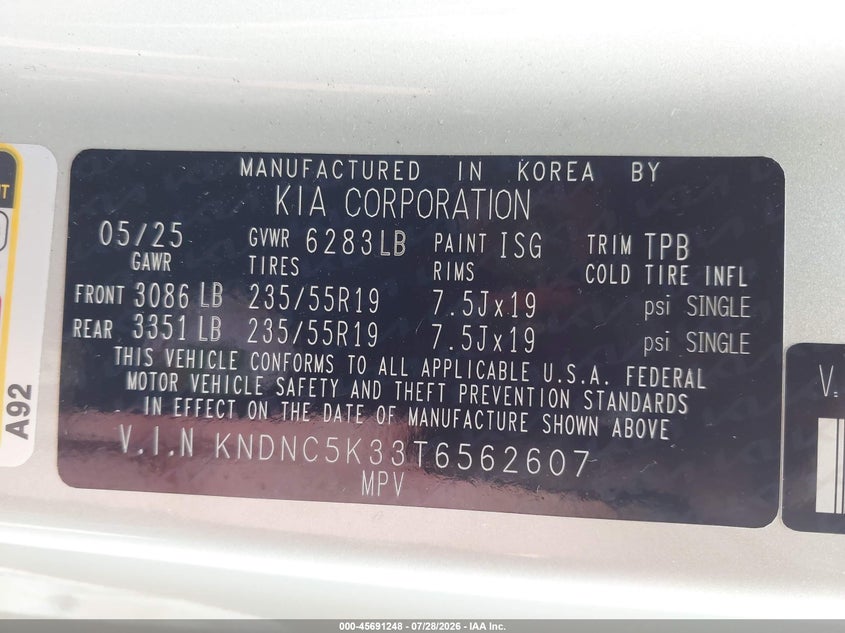 KIA CARNIVAL MPV 2026 VIN KNDNC5K33T6562607