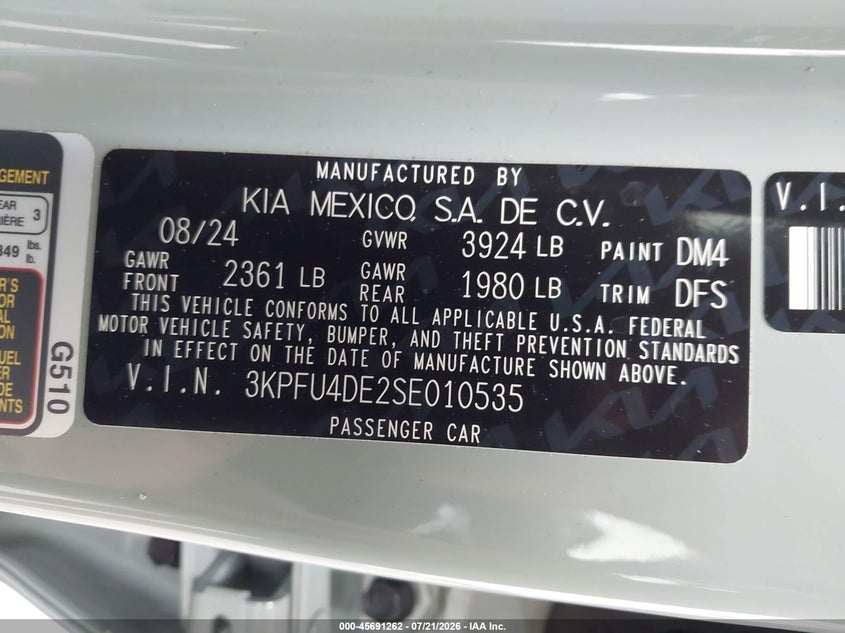2025 Kia K4 Ex VIN: 3KPFU4DE2SE010535 Lot: 45691262