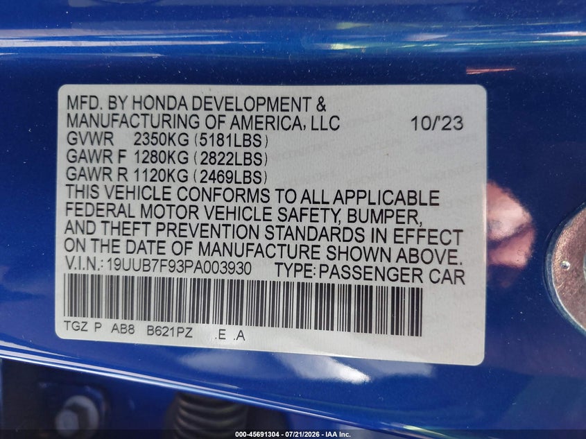 2023 Acura Tlx Type S - Hp Wheel And Tire VIN: 19UUB7F93PA003930 Lot: 45691304