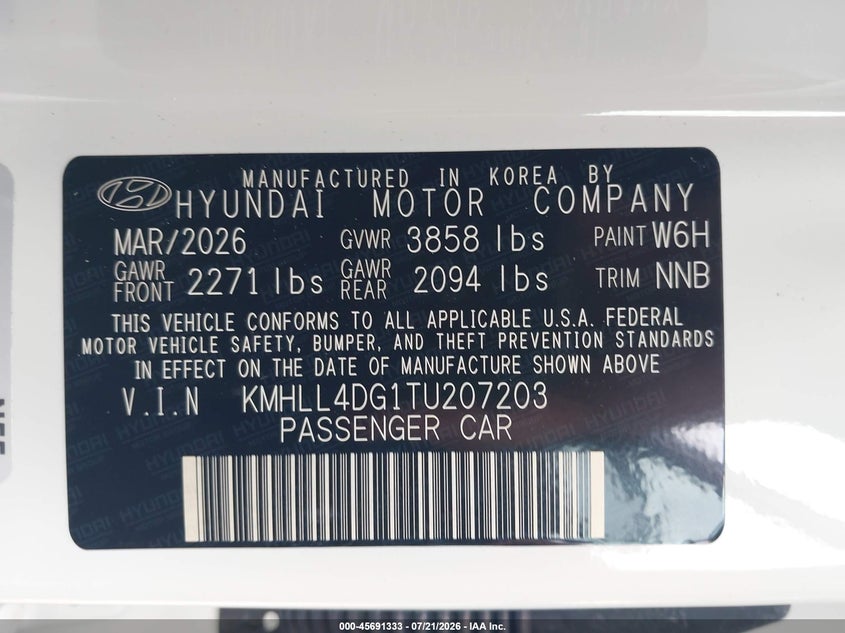 2026 Hyundai Elantra Se VIN: KMHLL4DG1TU207203 Lot: 45691333
