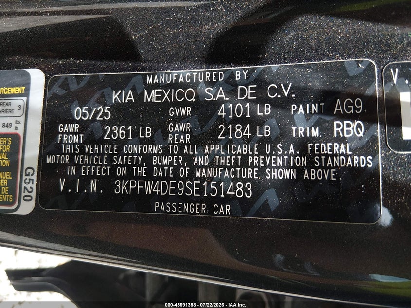 KIA K4 2025 VIN 3KPFW4DE9SE151483