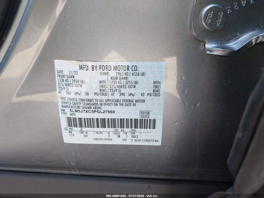 LINCOLN AVIATOR 2023 VIN 5LM5J7XC5PGL27869