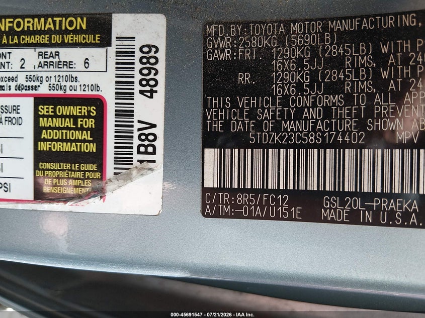 2008 Toyota Sienna Le VIN: 5TDZK23C58S174402 Lot: 45691547