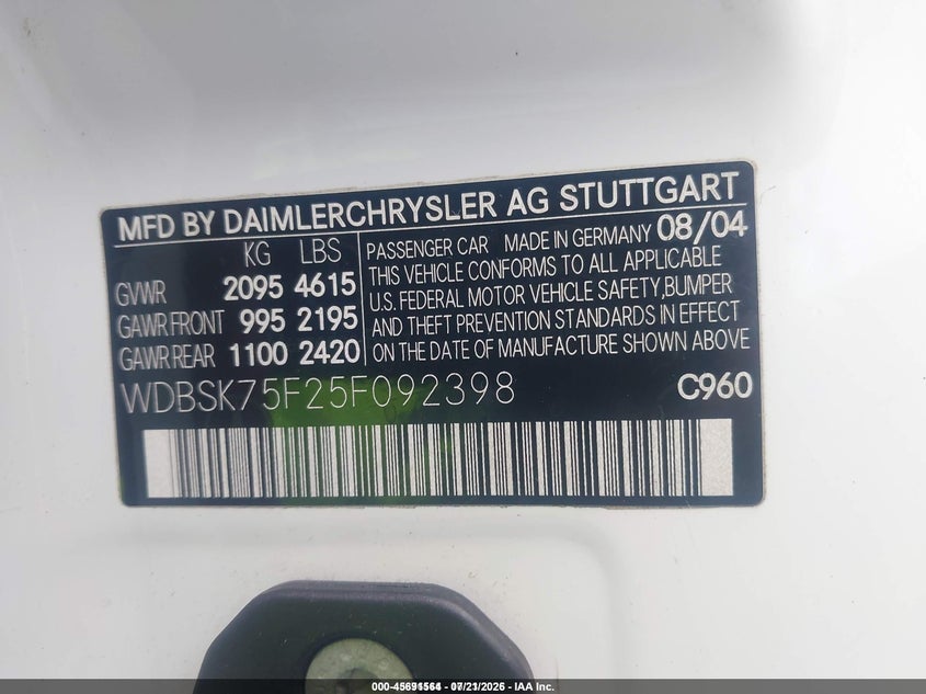 2005 Mercedes-Benz Sl 500 VIN: WDBSK75F25F092398 Lot: 45691564