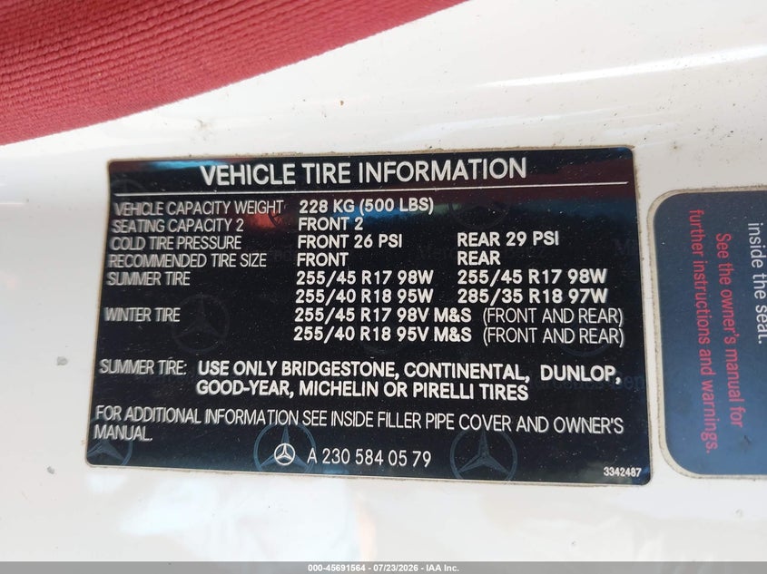 MERCEDES-BENZ SL 500 2005 VIN WDBSK75F25F092398