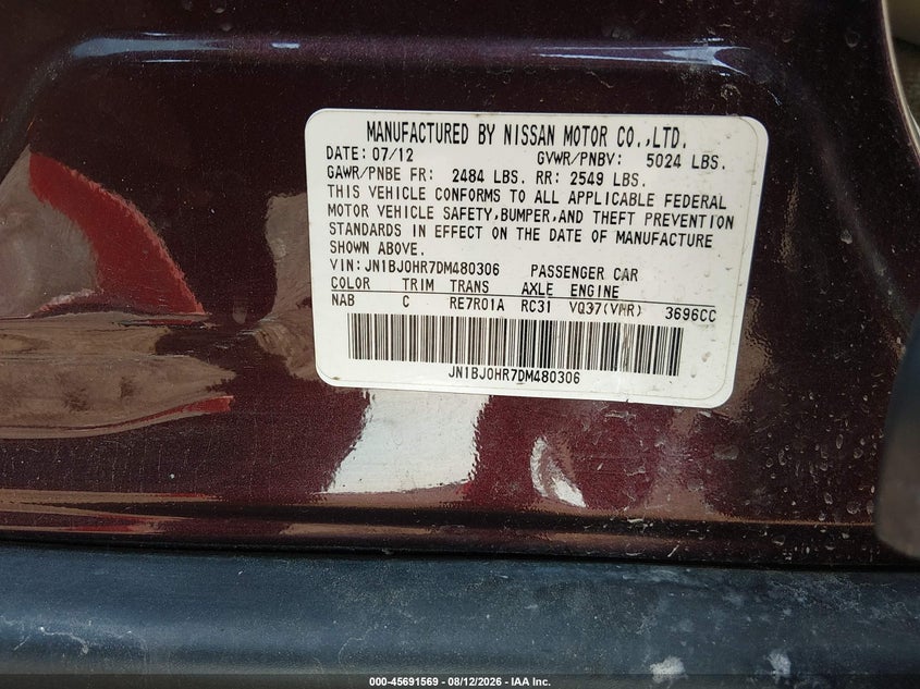 INFINITI EX37 2013 VIN JN1BJ0HR7DM480306