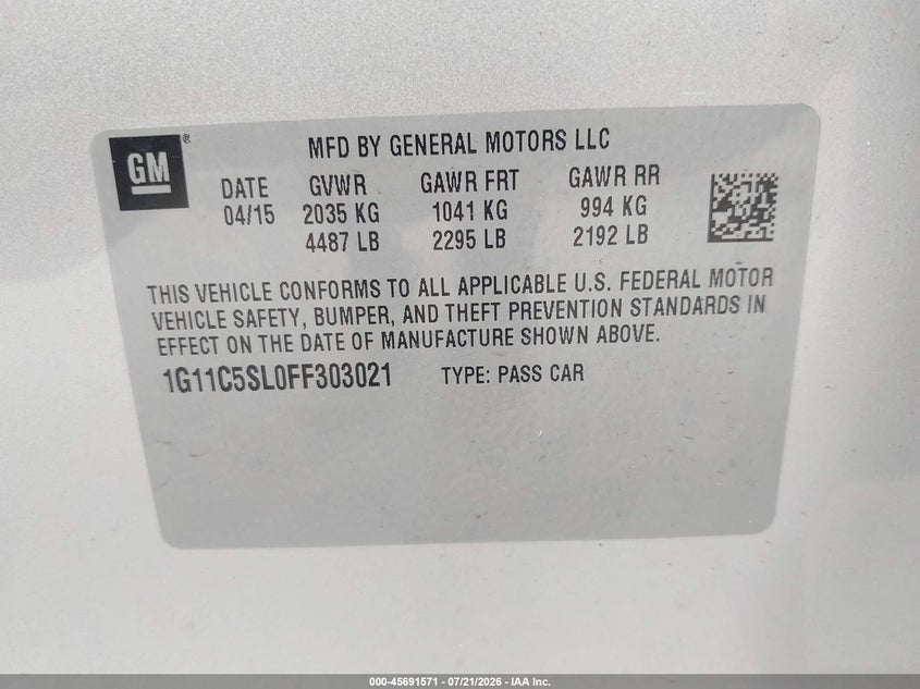 2015 Chevrolet Malibu 1Lt VIN: 1G11C5SL0FF303021 Lot: 45691571