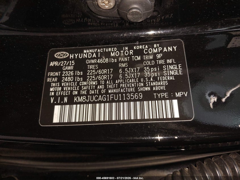 2015 Hyundai Tucson Se VIN: KM8JUCAG1FU113569 Lot: 45691603