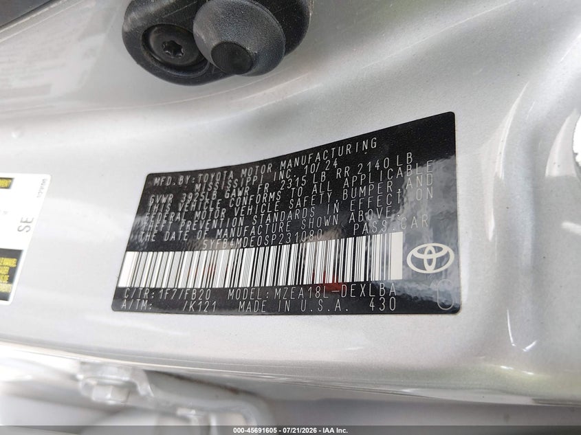 2025 Toyota Corolla Le VIN: 5YFB4MDE0SP231080 Lot: 45691605