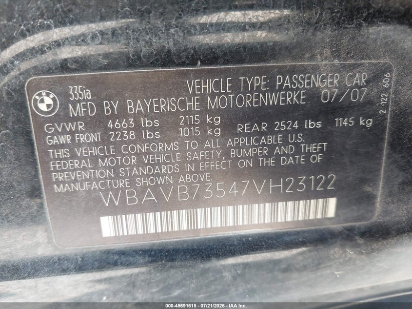 2007 BMW 335I VIN: WBAVB73547VH23122 Lot: 45691615