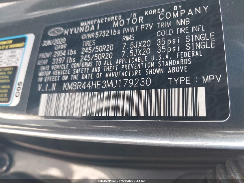 2021 Hyundai Palisade Sel VIN: KM8R44HE3MU179230 Lot: 45691648