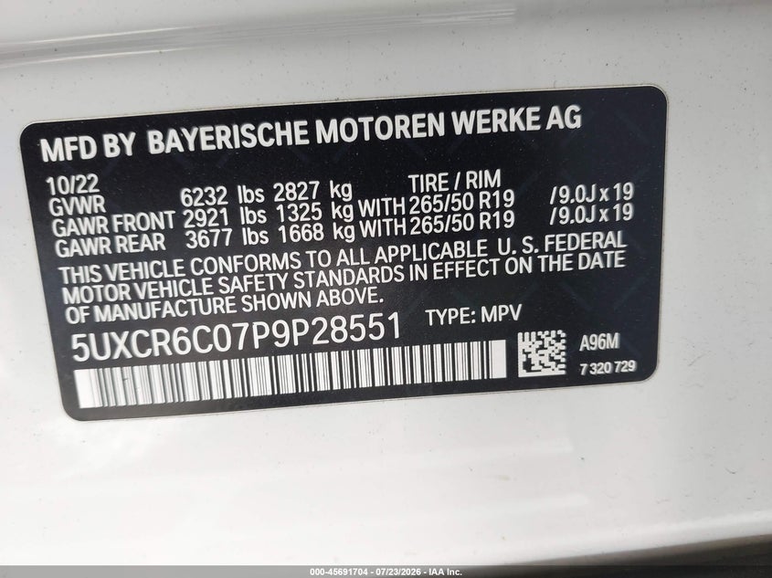 BMW X5 2023 VIN 5UXCR6C07P9P28551