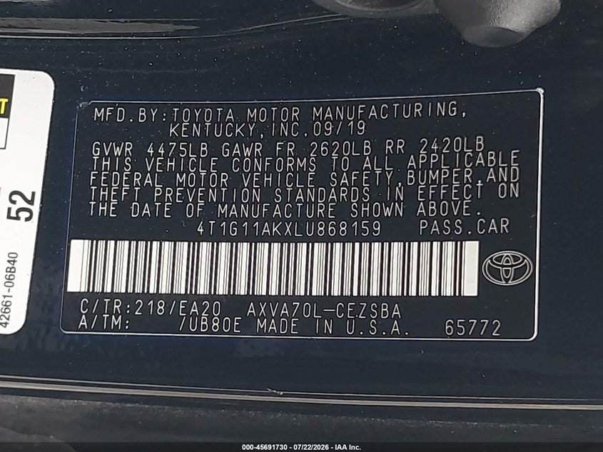 TOYOTA CAMRY 2020 VIN 4T1G11AKXLU868159