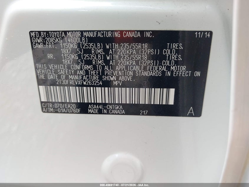 2015 TOYOTA RAV 4 SPORT UTILITY VEHICLE 2.5L I-4 DOHC, VVT, 176HP