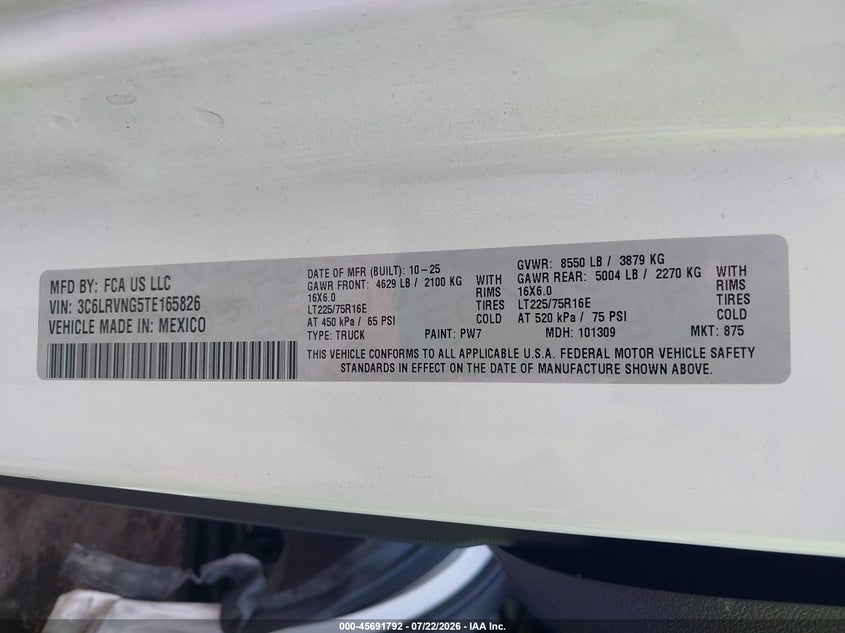 RAM PROMASTER 1500 2026 VIN 3C6LRVNG5TE165826