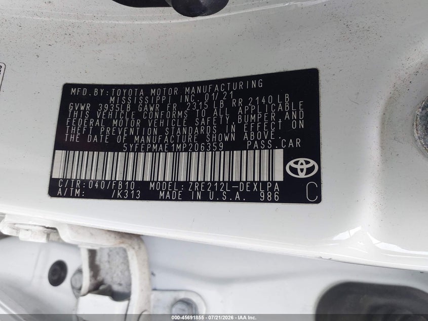 2021 Toyota Corolla Le VIN: 5YFEPMAE1MP206359 Lot: 45691855