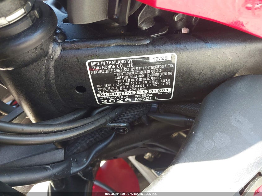 2026 Honda Cbr650 R VIN: MLHRH1552T5201901 Lot: 45691859