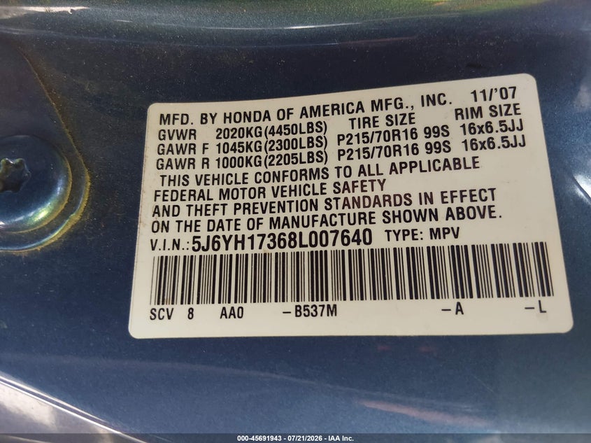 2008 Honda Element Lx VIN: 5J6YH17368L007640 Lot: 45691943
