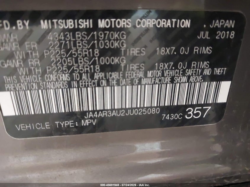 MITSUBISHI OUTLANDER SPORT 2018 VIN JA4AR3AU2JU025080