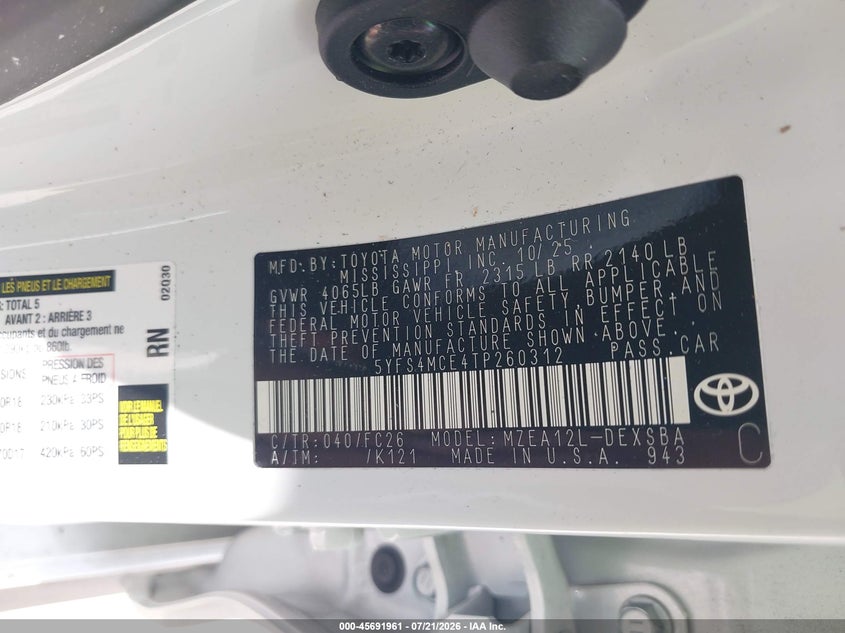 2026 Toyota Corolla Se VIN: 5YFS4MCE4TP260312 Lot: 45691961