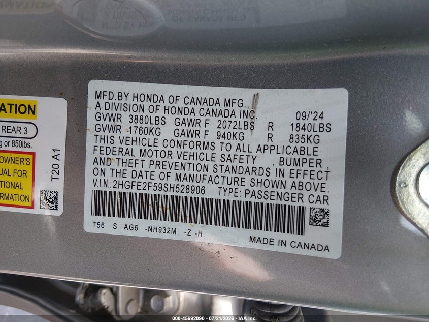 2025 Honda Civic Sport VIN: 2HGFE2F59SH528906 Lot: 45692090