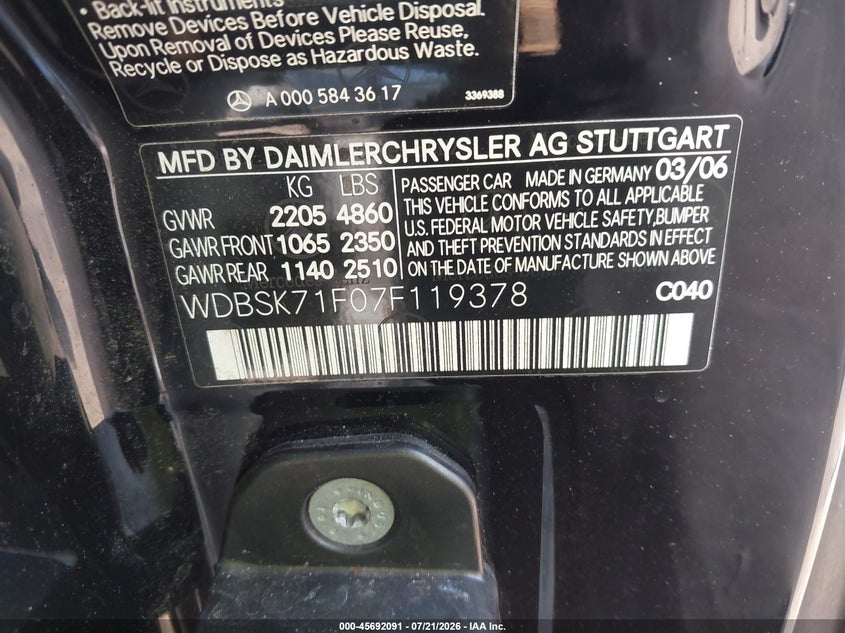 2007 Mercedes-Benz Sl 550 VIN: WDBSK71F07F119378 Lot: 45692091