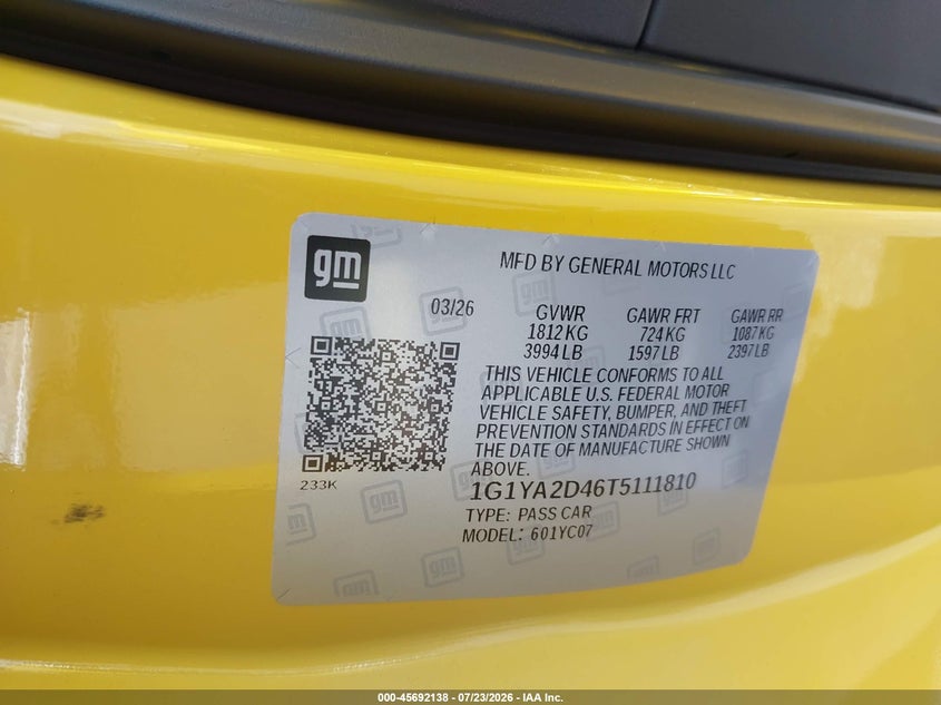 CHEVROLET CORVETTE STINGRAY 2026 VIN 1G1YA2D46T5111810