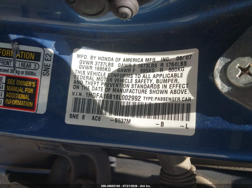 2008 Honda Civic Ex VIN: 1HGFA16818L002992 Lot: 45692160