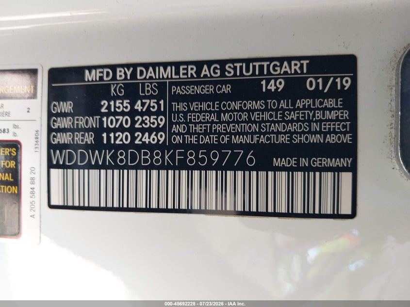 MERCEDES-BENZ C 300 2019 VIN WDDWK8DB8KF859776
