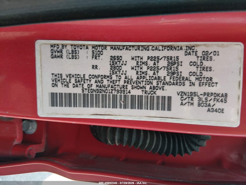 TOYOTA TACOMA 2001 VIN 5TEGN92N01Z793914