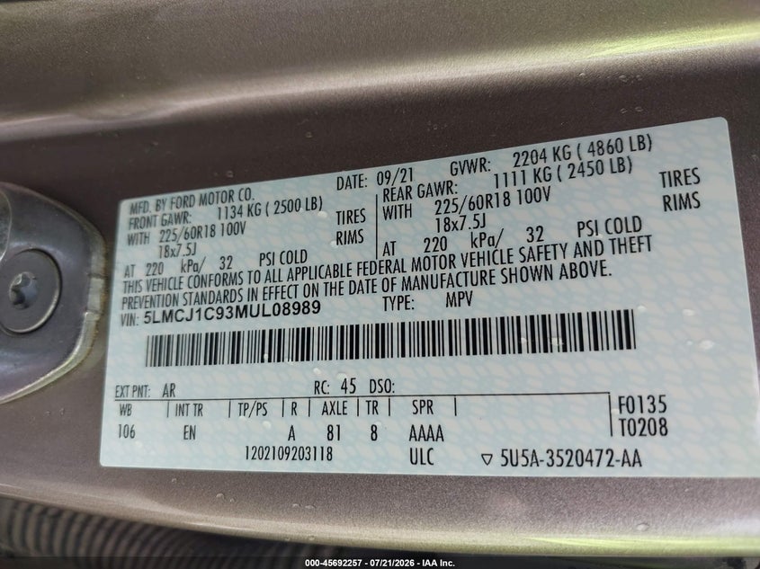 2021 Lincoln Corsair Standard VIN: 5LMCJ1C93MUL08989 Lot: 45692257