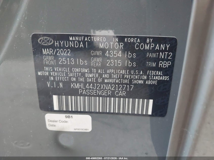 2022 Hyundai Sonata Sel Plus VIN: KMHL44J2XNA212717 Lot: 45692265