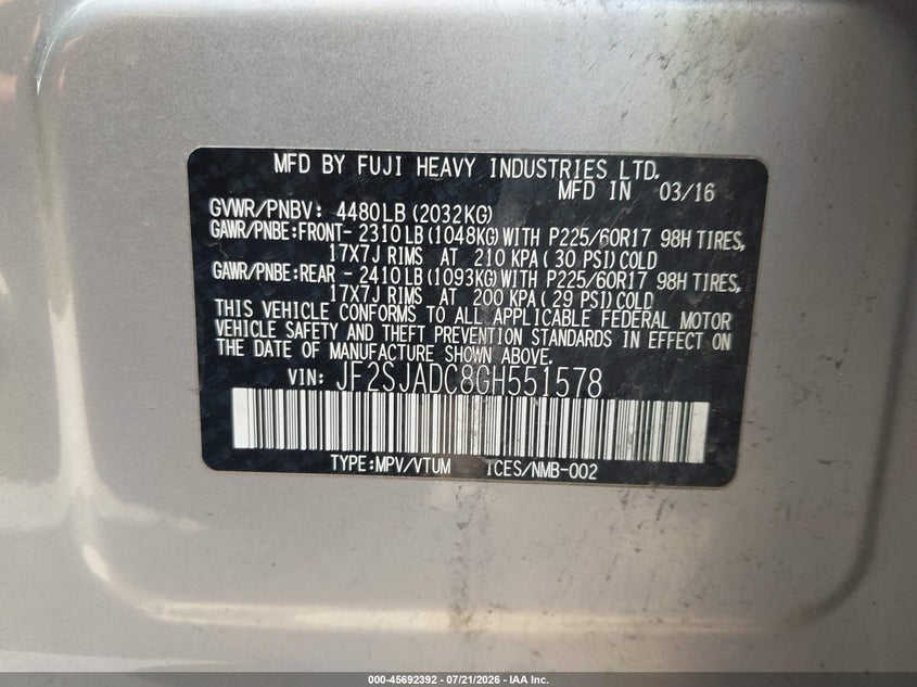 2016 Subaru Forester 2.5I Premium VIN: JF2SJADC8GH551578 Lot: 45692392