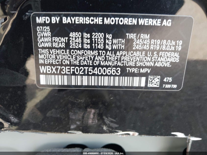 2026 BMW X1 xDrive28I VIN: WBX73EF02T5400663 Lot: 45692410
