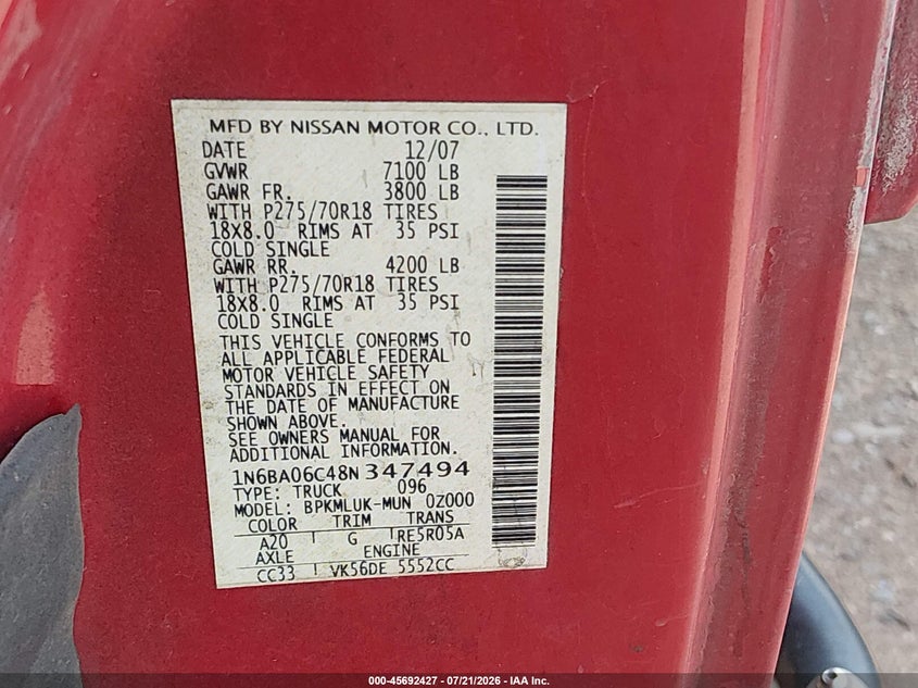 2008 Nissan Titan Le/Pro-4X/Se VIN: 1N6BA06C48N347494 Lot: 45692427