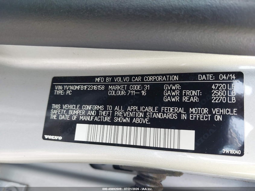 2015 Volvo S60 T5 Premier VIN: YV140MFB1F2316158 Lot: 45692589