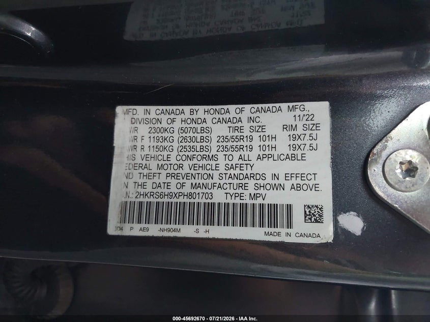 2023 Honda Cr-V Hybrid Sport Touring VIN: 2HKRS6H9XPH801703 Lot: 45692670
