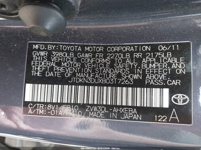 2011 Toyota Prius Two VIN: JTDKN3DUXB0317263 Lot: 45692752