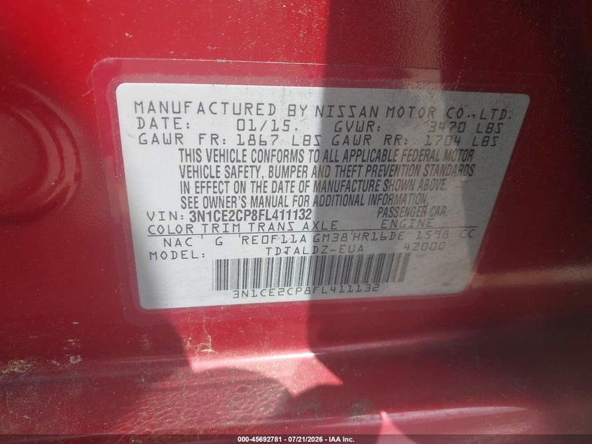 2015 Nissan Versa Note S (Sr)/S Plus/Sl/Sr/Sv VIN: 3N1CE2CP8FL411132 Lot: 45692781