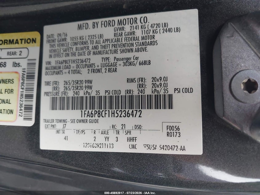 FORD MUSTANG 2017 VIN 1FA6P8CF1H5236472