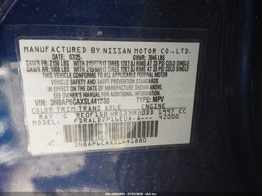 NISSAN KICKS 2025 VIN 3N8AP6CAXSL441880