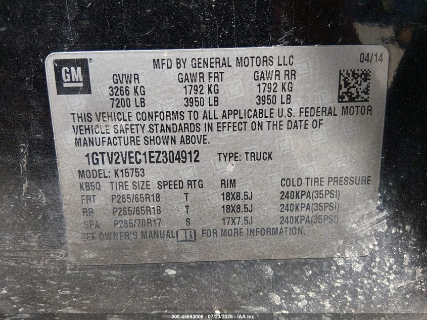 GMC SIERRA 1500 2014 VIN 1GTV2VEC1EZ304912