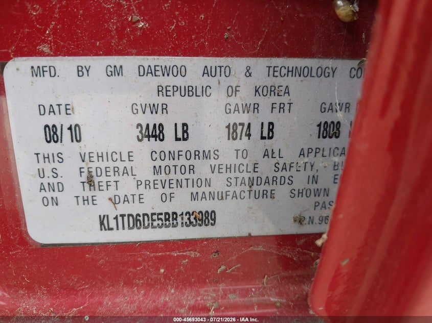 2011 Chevrolet Aveo 1Lt VIN: KL1TD6DE5BB133989 Lot: 45693043