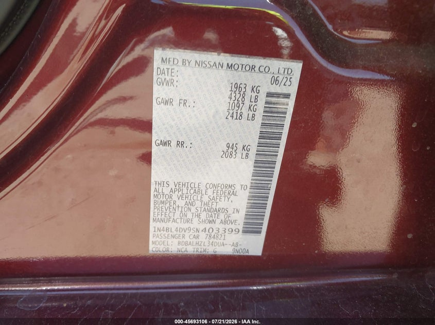 2025 Nissan Altima Sv Fwd VIN: 1N4BL4DV9SN403399 Lot: 45693106