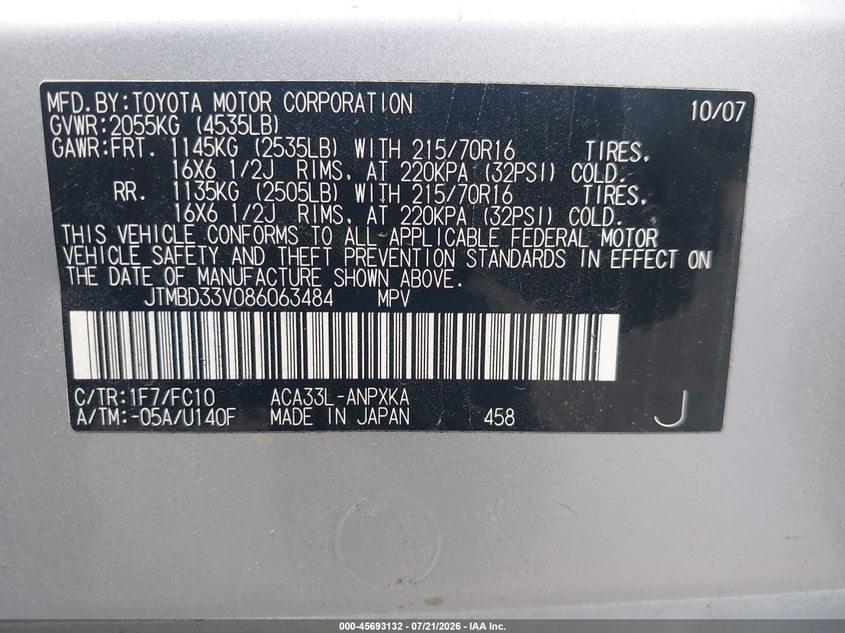 2008 Toyota Rav4 VIN: JTMBD33V086063484 Lot: 45693132