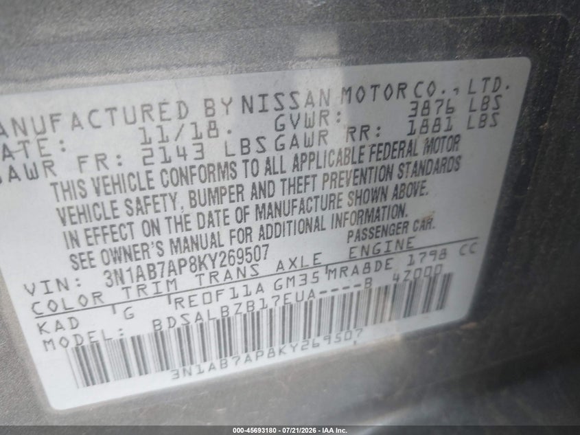 2019 Nissan Sentra S VIN: 3N1AB7AP8KY269507 Lot: 45693180