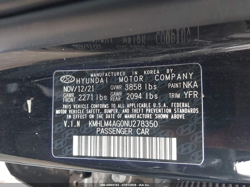 2022 Hyundai Elantra Sel VIN: KMHLM4AG0NU278350 Lot: 45693183