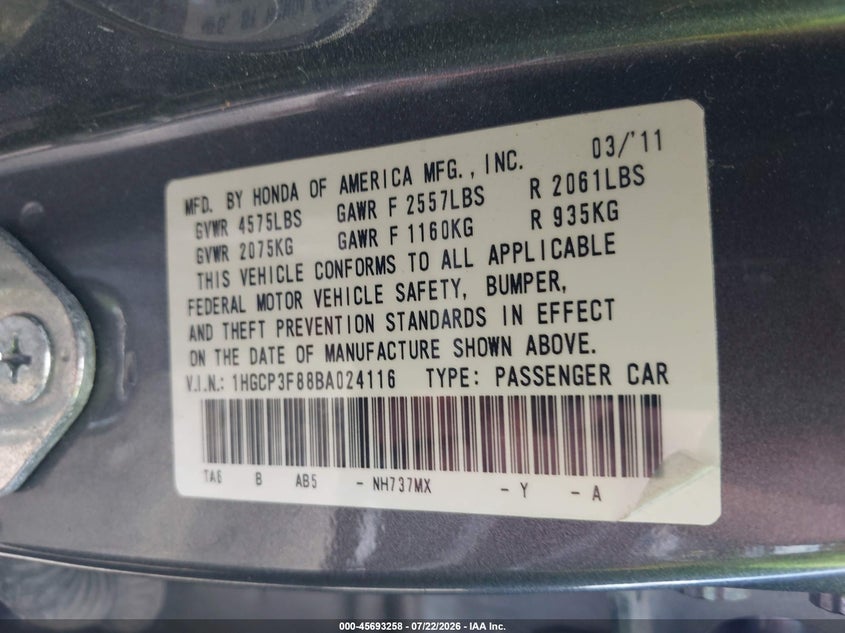2011 HONDA ACCORD SEDAN 3.5L V-6 VVT, 271HP